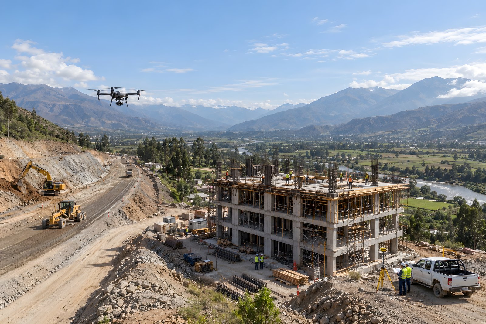 Proyecto vial y de edificación con levantamiento con drone